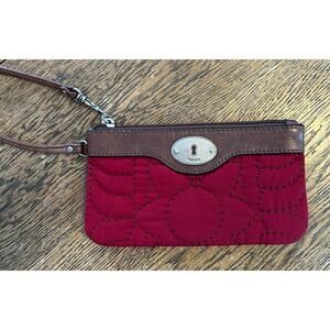 Fossil Key-Per Wristlet Leather & Dark Red Quilted 4”x7.25”